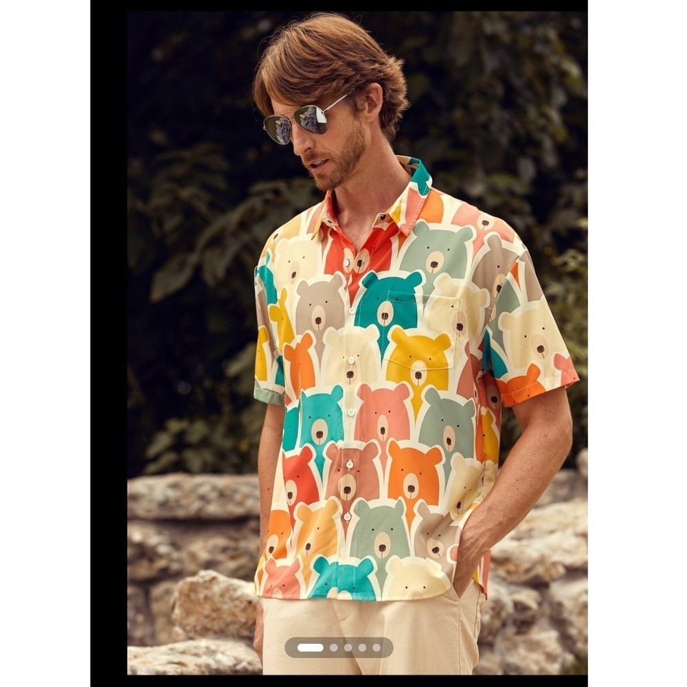 Hardaddy Mens 3XL Multi Color Bear Print Button Down Short Sleeve Shirt